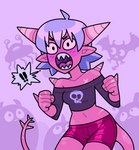 2021 angry blush bottomwear clothing demon discount-supervillain exclamation_point female horn horned_humanoid humanoid humanoid_pointy_ears midriff not_furry pointy_ears sharp_teeth shorts solo teeth