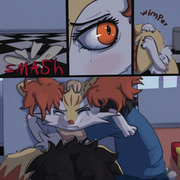 3_fingers ambiguous_gender anthro arm_tuft black_body black_claws black_fur blush bodily_fluids cheek_tuft claws clothing comforting crossed_legs crying digitigrade dipstick_tail domestic_abuse duo eyelashes facial_tuft fingers fur gift gift_wrapped hair headpat hug inner_ear_fluff kitchen legs_together male markings multicolored_body multicolored_fur orange_body orange_eyes orange_fur orange_nose panicking paws petting plate sad scared shoulder_tuft struggling tail tail_markings tears touching_hair tuft unwanted_attention white_body white_fur yellow_body yellow_fur poofythedragon nintendo pokemon braixen canid canine generation_6_pokemon human mammal pokemon_(species) 1:1 2025 absurd_res comic digital_media_(artwork) hi_res male_(lore)