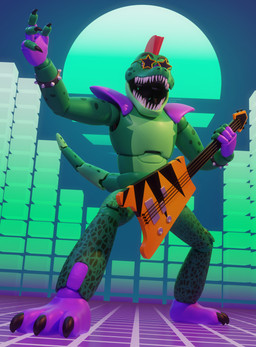 abstract_background anthro barefoot bass_guitar bottomwear bracelet claws clothed clothing eyewear feet glasses gloves green_tail guitar guitarist hair handwear jewelry machine male mohawk multicolored_body multicolored_tail musical_instrument open_mouth pants plucked_string_instrument pose pseudo_clothing raised_arm red_hair rockstar sharp_teeth short_hair shoulder_guards simple_background solo spiked_bracelet spikes standing star star_glasses string_instrument tail teal_background teeth toe_claws two_tone_body two_tone_tail theclassyplushtrap five_nights_at_freddy's five_nights_at_freddy's:_security_breach scottgames steel_wool_studios montgomery_gator alligator alligatorid animatronic crocodilian reptile robot scalie 3d_(artwork) absurd_res detailed digital_media_(artwork) hi_res source_filmmaker_(artwork)
