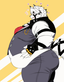 anthro belly big_belly big_butt bodily_fluids bottomwear butt classy clock clothing collared_shirt dress_shirt fingerless_gloves fur gloves grey_bottomwear grey_clothing grey_pants grey_topwear grey_vest hair hand_on_belly handwear harness heart_symbol holding_stomach male midriff moobs navel obese obese_anthro obese_male overweight overweight_anthro overweight_male pants pocketwatch red_eyes shirt simple_background solo straps sweat sweatdrop thick_thighs tight_clothing topwear vest watch white_belly white_body white_clothing white_fur white_hair white_shirt white_topwear yellow_background leviathansharko mihoyo zenless_zone_zero von_lycaon canid canine canis mammal thiren wolf absurd_res hi_res