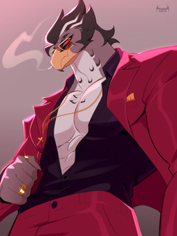 abs beak bottomwear clothing cross cross_necklace eyewear hair jacket jewelry male muscular muscular_male necklace pants ring solo sunglasses topwear klaus_bloodstein avian bird 3:4 absurd_res hi_res