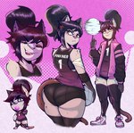 anthro arm_wraps ball ball_on_finger band-aid band-aid_on_face band-aid_on_nose bandage bandage_on_face bandage_on_nose bangs big_butt biped black_hair bottomwear bra brown_tail butt clothed clothing cross-popping_vein ear_piercing ear_stud elbow_pads eyes_closed female footwear freckled_face freckles fur gloves_(marking) grey_body grey_fur grin hair holding_ball holding_object hotpants jacket jersey legwear letterman_jacket lidded_eyes looking_at_viewer looking_back markings nails number_on_jersey open_mouth open_smile panty_lines piercing pink_background pink_nose ponytail rear_view sharp_nails shirt shoes shorts simple_background smile smug sneakers solo spinning_ball sports_bra sportswear standing tail text_on_jersey thick_thighs thigh_highs topwear underwear volleyball_(ball) wide_hips wraps yellow_eyes locksnurf evelyn_(locksnurf) domestic_cat felid feline felis mammal 2023 absurd_res digital_drawing_(artwork) digital_media_(artwork) full-length_portrait hi_res multiple_images portrait