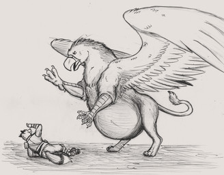 anthro armor attack beak belly big_belly duo feral feral_pred fully_inside imminent_vore larger_feral male on_ground overweight overweight_male size_difference spread_wings vore wings thatgryphonguy mythology avian gryphon mythological_avian mythological_creature sketch