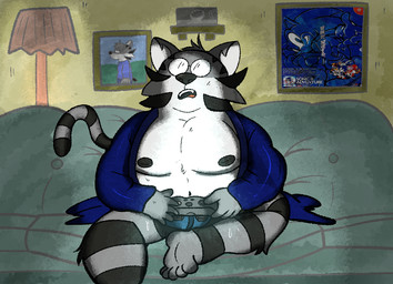 anthro clothed clothing coat front_view fur furniture inside male moobs obese overweight partially_clothed sofa solo topwear underwear sebboh felid mammal pantherine tiger