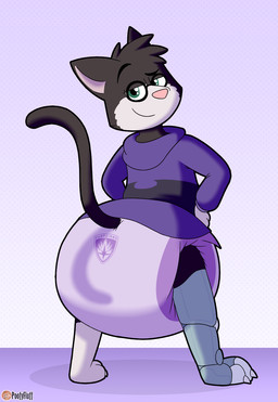 abdl anthro bottomwear clothed clothing crossdressing diaper eyewear glasses green_eyes hoodie male skirt solo topwear poofyfluff meti_geer_(luci_j) felid feline mammal hi_res
