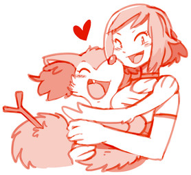 anthro blush breasts choker clothed clothed_female clothed_human clothing duo eyes_closed female fur hair hand_on_shoulder hands_around_waist heart_symbol hug hugging_another inner_ear_fluff jewelry looking_at_viewer necklace object_in_tail open_mouth open_smile simple_background smile stick stick_in_tail tail tuft white_background shyguy9 nintendo pokemon pokemon_trainer braixen generation_6_pokemon human mammal pokemon_(species) monochrome red_and_white red_theme restricted_palette