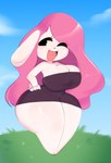 anthro big_breasts big_butt biped black_eyes blush breasts butt cleavage clothed clothing eyebrows eyelashes female front_view glistening glistening_body grass hair hand_on_hip huge_hips huge_thighs long_hair monotone_body one_eye_closed open_mouth open_smile outside pink_hair plant sky smile solo standing tail tan_body thick_thighs tight_clothing wide_hips mu_(artist) layla_(mu) lagomorph leporid mammal rabbit 2022 digital_drawing_(artwork) digital_media_(artwork) full-length_portrait hi_res portrait