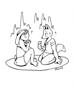accessory anthro bottomwear clothing container cup drinking duo female flower flower_crown flower_in_hair hair hair_accessory holding_object jewelry loincloth looking_at_another magic male male/female necklace nervous nervous_male pendant plant scroll skirt phano canid canine fox lagomorph leporid mammal rabbit monochrome