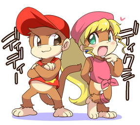 anthro barefoot blonde_hair brown_body brown_eyes brown_fur clothing duo feet female fur green_eyes hair hat headgear headwear jewelry long_hair male ponytail simple_background smile text toes white_background eromame donkey_kong_(series) nintendo diddy_kong dixie_kong haplorhine mammal monkey primate japanese_text translated