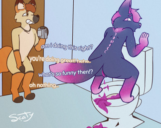 anthro anus asking_another balls barely_visible_balls barely_visible_genitalia bathroom being_watched blue_body blue_fur brown_body brown_fur butt camera color_coded_text colored_feces crouching dipstick_ears dipstick_tail duo ear_markings ellipsis feces feces_in_toilet feces_on_ground fur fur_markings genitals gloves_(marking) hair hand_on_wall holding_camera holding_object improper_toilet_use leg_markings looking_at_another looking_back looking_back_at_another male male_pooping markings moon_(marking) multicolored_body multicolored_ears multicolored_fur nude_anthro nude_male oblivious orange_body orange_fur orange_hair pooping pooping_in_toilet purple_body purple_eyes purple_feces purple_fur purple_hair recording scatplay smile socks_(marking) sparkles sparkling_feces standing tail tail_markings talking_to_another tan_body tan_fur teeth text toilet toilet_use unusual_feces yellow_eyes scaty dusky_(floofer318) canid canine fennec_fox fox mammal true_fox artist_name english_text