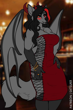 anthro bedroom_eyes big_breasts black_hair bracelet breasts cleavage clothed clothing dress female fur grey_body grey_fur hair hands_on_hips horn jewelry long_hair looking_at_viewer markings membrane_(anatomy) membranous_wings muscular muscular_female narrowed_eyes necklace orange_eyes red_hair red_horn ring seductive side_boob skimpy_dress smile solo tail wings satsukii jackie_(jake_aries) canid canine demon mammal 2020 2:3 hi_res