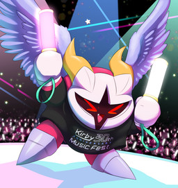 2_horns >_< ambiguous_gender biped concert cute_fangs detailed_background excited eyes_closed fangs feathered_wings feathers glowstick happy horn mask not_furry open_mouth open_smile penlight pink_body red_eyes shadow_face smile solo stage stage_lights teeth three-quarter_view wearing_mask wings yellow_horn shibulio kirby_(series) kirby_30th_anniversary_music_fest nintendo galacta_knight waddling_head 2022 absurd_res digital_drawing_(artwork) digital_media_(artwork) english_description full-length_portrait hi_res portrait male_(lore)