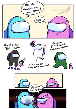 ambiguous_gender angry armless black_outline blush bodily_fluids cross-popping_vein dialogue duo heart_symbol knife logo not_furry outline question_mark scar simple_background sweat text weapon young shriekingmagpie among_us innersloth crewmate_(among_us) impostor_(among_us) mini_crewmate_(among_us) vet_(shriekingmagpie) artist_logo comic digital_media_(artwork) english_text signature