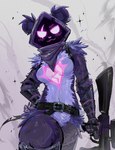 anthro armor bear_ears belt breasts clothing confident eye_scar facial_scar featureless_breasts featureless_crotch female fluffy gauntlets gloves gun handwear heart_symbol kerchief looking_at_viewer navel purple_body ranged_weapon scar smile smirk smoke solo thick_thighs weapon wide_hips ponyzilla epic_games fortnite raven_team_leader humanoid hi_res