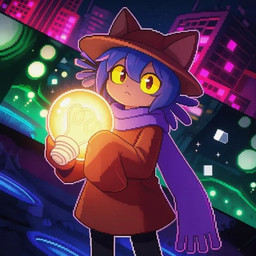 ambiguous_gender clothing hat headgear headwear jimen light_bulb scarf solo yellow_eyes oneshot niko_(oneshot) humanoid 1:1 low_res