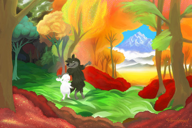 ambiguous_gender anthro black_nose brown_body brown_fur claws dancing detailed_background dewlap_(anatomy) duo forest forest_background fur glistening glistening_nose grass hooves horn long_ears mountain nature nature_background paws philtrum pink_nose plant shrub tail teeth tree whiskers white_body white_fur schreckengast one_stormy_night gabu mei_(one_stormy_night) bovid canid canine canis caprine goat mammal wolf 2025 absurd_res digital_media_(artwork) digital_painting_(artwork) hi_res huge_filesize painting_(artwork) signature