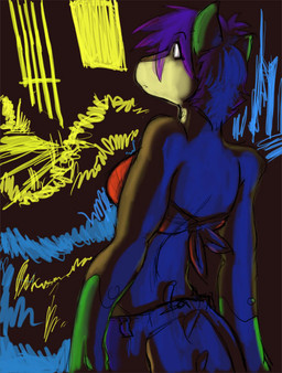 abstract_background anthro biped female lights o_o psychedelic rear_view simple_background solo spikes spikes_(anatomy) tail what rick_griffin canid canine mammal colorful_theme digital_media_(artwork) digital_painting_(artwork) half-length_portrait painting_(artwork) portrait sketch
