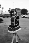 alternative_fashion anthro car classic_lolita clothing costume dress female fursuit j-fashion lolita_(fashion) real solo vehicle rabbitinthemoon human mammal grandfathered_content monochrome photography_(artwork)