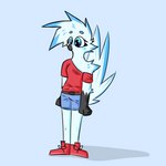 anthro beak blue_body blue_eyes bottomwear clothing denim denim_bottomwear denim_clothing denim_shorts female male shorts solo toony white_body ara_squawks tyra_(ara_squawks) avian bird owl 1:1 absurd_res hi_res