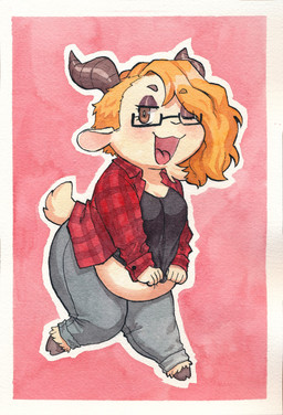 anthro belly_overhang biped bottomwear chin_tuft clothing denim denim_bottomwear denim_clothing eyewear facial_tuft female flannel_shirt glasses hair horn jeans open_mouth orange_hair pants rectangular_glasses scut_tail short_tail slightly_chubby smile solo tail tongue tuft wearing_glasses chimeracauldron bovid caprine goat mammal hi_res painting_(artwork) watercolor_(artwork)