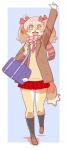 anthro bag biped blush bottomwear clothing eyes_closed female footwear fur gesture kemono legwear open_mouth scarf school_uniform shoes skirt socks solo standing student tan_body tan_fur uniform waving kin-shun itou_sora canid canine canis domestic_dog mammal digital_media_(artwork)