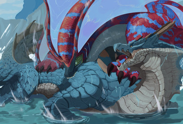 bite biting_another black_claws blue_body blue_scales claws detailed_background duo feral fight horn membrane_(anatomy) multicolored_body multicolored_scales open_mouth red_body red_scales scales sharp_teeth stripes teeth two_tone_body two_tone_scales water white_body white_scales razewinged capcom monster_hunter lagiacrus leviathan_(mh) uth_duna hi_res