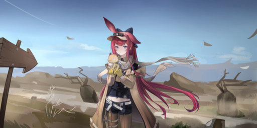 ambiguous_gender blue_eyes bottomwear brown_body brown_fur chest_tuft clothing cloud day duo female feral fur gloves hair handwear hat headgear headwear holding_character jacket long_hair looking_at_viewer navel outside plant red_hair ribbons scarf shorts sign smile tail topwear tuft heli_herri arknights hypergryph studio_montagne ray_(arknights) sandbeast_(arknights) animal_humanoid humanoid lagomorph lagomorph_humanoid leporid_humanoid mammal mammal_humanoid rabbit_humanoid 2024 2:1 absurd_res digital_media_(artwork) hi_res