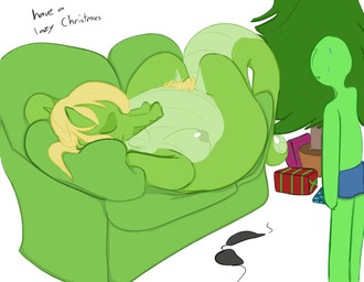 anthro big_breasts blonde_hair breasts clothed clothing duo eyes_closed female furniture gift hair holidays larger_female lying male nipples nude open_mouth plant pubes simple_background size_difference sleeping smaller_male sofa standing swimwear text topless tree underwear white_background unknown_artist christmas monstro_village anon caimon alligator alligatorid crocodilian human mammal reptile scalie english_text source_request