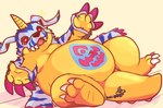 animal_skin anthro belly belly_markings claws fur horn lying male markings on_back red_eyes slightly_chubby smile solo striped_body striped_fur stripes yellow_body razigator bandai_namco digimon digimon_(species) gabumon scalie hi_res