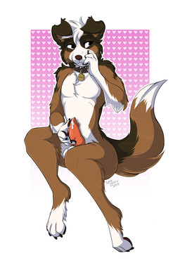 4_fingers 4_toes abstract_background animal_genitalia animal_penis anthro balls biped black_eyes blush bodily_fluids brown_body brown_collar brown_fur brown_tail canine_genitalia canine_penis chest_tuft claws collar collar_only collar_tag cum cum_on_hand ejaculation erection feet fingers fur genital_fluids genitals hair hand_on_face heart_symbol holding_penis knot looking_aside male monotone_hair multicolored_body multicolored_fur multicolored_tail name_tag nude penis raised_tail shy simple_background smile solo tail text toes tuft white_body white_fur white_tail milodesty canid canine canis domestic_dog mammal 2019 2:3 dated hi_res signature