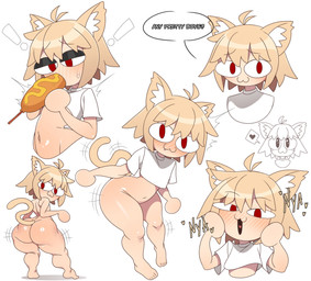 :3 big_butt blush blush_lines bottomless butt clothed clothing corndog crop_top food heart_symbol looking_at_viewer mustard navel open_mouth red_eyes shirt simple_background solo text topwear wide_hips plankzu tsukihime type-moon neco-arc animal_humanoid felid felid_humanoid feline feline_humanoid humanoid mammal mammal_humanoid absurd_res hi_res