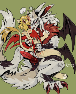 2_horns 4_wings animal_genitalia animal_penis anthro anus barbed_canine_penis bat_wings bite bite_mark black_crotch black_sclera black_wings blonde_hair blood blush bodily_fluids breath butt canine_genitalia canine_penis claws cloaca cloacal_penis countershading darkened_genitalia darkened_penis dipstick_tail dripping duo fangs from_front_position fur genital_fluids genitals green_background hair horn hybrid_genitalia hybrid_penis knot knotted_penis larger_anthro larger_male male male/male male_anthro markings membrane_(anatomy) membranous_wings multi_wing neck_tuft penile_spines penis precum precum_drip red_anus red_body red_claws red_cloaca red_countershading red_eyes red_fur red_inner_ear red_nose red_penis red_wings scratches scratching shoulder_bite simple_background sitting_on_another size_difference smaller_anthro smile tail tail_markings tail_tuft tan_body tan_ears tan_fur tan_horn tan_tail teeth tuft white_body white_countershading white_ears white_fur white_hair wings wounded yellow_tail_tip birdpaw_(artist) mythology dragon felid furred_dragon furred_scalie lion mammal monster mythological_creature mythological_scalie pantherine scalie 2025 digital_drawing_(artwork) digital_media_(artwork) hi_res