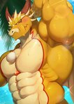 2_horns abs anthro armpit_focus biceps horn jewelry male muscular muscular_anthro muscular_male palm_tree pecs pendant plant solo tree toranoyouhei lifewonders mythology tokyo_afterschool_summoners ophion_(tas) dragon mythological_creature mythological_scalie scalie 2025 absurd_res colored hi_res