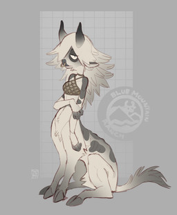 2_horns breasts clothed clothed_female clothing facial_piercing female fingers front_view fur grey_hooves grey_tail_tuft hair half-closed_eyes head_horn hooves horn mouth_closed multicolored_body narrowed_eyes nose_piercing nose_ring piercing pivoted_ears ring_piercing sitting small_breasts solo spots tail tail_tuft text three-quarter_view topwear tuft white_body white_fur white_hair white_sclera foresttherotten bovid bovid_taur bovine bovine_taur cattle cattle_taur dairy_cattle holstein_friesian_cattle mammal mammal_taur taur 2025 dated digital_media_(artwork) english_text hi_res