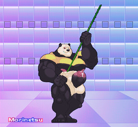 anthro attack balls bamboo barazoku big_balls big_penis bodily_fluids clothing cum ejaculation erection feet flaccid genital_fluids genitals hair hairy humanoid_genitalia humanoid_penis legwear male mature_male moobs muscular muscular_anthro muscular_male nipples penis scar shirt smile smirk solo t-shirt tackle thigh_highs topwear tuft weapon morinetsu beastars gouhin_(beastars) bear giant_panda mammal ursine animated digital_media_(artwork) loop pixel_(artwork)