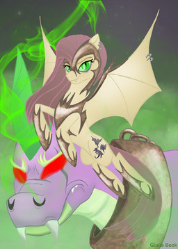 alternate_species armor corruption cutie_mark duo female feral hair horn membrane_(anatomy) membranous_wings piercing wings giuliabeck friendship_is_magic hasbro my_little_pony mythology flutterbat_(mlp) fluttershy_(mlp) spike_(mlp) dragon equid equine mammal mythological_creature mythological_equine mythological_scalie pegasus scalie hi_res