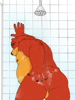 anthro balls bathing butt countershade_balls countershade_face countershade_genitalia countershade_torso countershading eyebrows genitals hand_on_butt hand_on_wall looking_at_viewer male nipples nude overweight overweight_anthro overweight_male presenting presenting_hindquarters shower_head showering smile solo suds tail kronexfire goody2toad bear mammal 2016 hi_res
