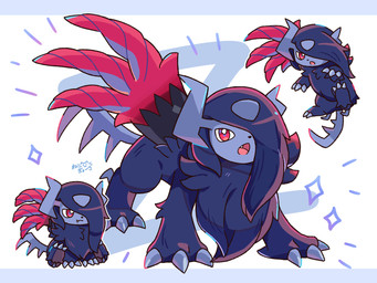 ambiguous_gender black_body black_fur black_hair claws emanata fangs feral fur hair horn looking_at_viewer one_eye_obstructed open_mouth quadruped red_eyes simple_background sitting solo sparkles tail teeth tongue nekogyo122 nintendo pokemon pokemon_legends_z-a generation_9_pokemon mammal mega_absol_z mega_evolution pokemon_(species) 2025 4:3 hi_res signature