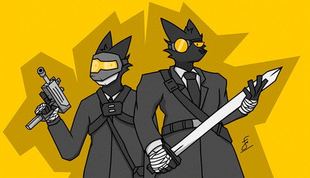 accessory ambiguous_gender anthro bandage bandage_wraps bandaged_hand bandolier belt black_body black_fur blade bladed_weapon bottomwear clothed clothing coat duo face_shield fingers fur grey_mask grey_visor gun headgear headwear holding_gun holding_melee_weapon holding_object holding_ranged_weapon holding_sword holding_weapon lens looking_at_viewer mask melee_weapon necktie orange_eyes orange_sclera ranged_weapon robotic_eyes shirt simple_background standing straps submachine_gun sword tailless text topwear trenchcoat utility_belt uzi visor_eyes weapon wearing_mask welding_mask yellow_background yellow_lens yellow_visor fr4ncisd0ublea casualties:_unknown gunsaw madness_combat a.t.p._engineer_(madness_combat) a.t.p._soldat_(madness_combat) canid canine expie_(gunsawian) fox gunsawian hybrid mammal murid murine rat rodent absurd_res crossover digital_media_(artwork) hi_res signature