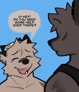 anthro biceps clothing dialogue duo eyes_closed male muscular offering_help shirt speech_bubble tank_top text topwear rygel_spkb milo_(rygel_spkb) yoby_(rygel_spkb) canid canine canis domestic_dog mammal wolf absurd_res english_text hi_res