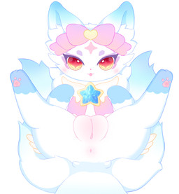 anus blue_ears blue_hands blue_tail blush bow_ribbon female feral genitals humanoid_genitalia humanoid_genitalia_on_feral humanoid_vulva humanoid_vulva_on_feral red_eyes red_nose solo star tail tongue vulva white_body white_tail wings yellow_eyes cakebufu canid canine fox mammal hi_res