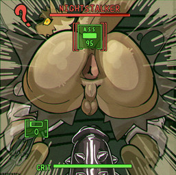 anthro anus backsack balls bottomwear brown_face butt clothing dildo femboy fur gameplay_mechanics genitals gui health_bar imminent_anal looking_back machine male male_anthro pants question_mark scales sex_toy solo tail tan_body tan_fur torn_bottomwear torn_clothing torn_pants yellow_eyes areye_(artist) fallout microsoft v.a.t.s. marshal_(marshalaxis) canid canine canis coyote mammal night_stalker_(fallout) pit_viper rattlesnake reptile scalie snake viper hi_res