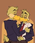 anthro clothed clothing duo eyes_closed feathers kissing male male/male necktie standing suit tail tail_feathers undressing_another igotdragons jacob_waddleson john_waddleson anatid anseriform avian bird duck hi_res father_(lore) father_and_child_(lore) father_and_son_(lore) incest_(lore) parent_(lore) parent_and_child_(lore) parent_and_son_(lore) son_(lore)