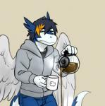 anthro beverage coffee container cup holding_container holding_cup holding_object male solo tail tired nameless00 mythology undertale undertale_(series) annoying_dog_(undertale) clei dragon mythological_creature mythological_scalie scalie windragon