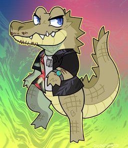 anthro arm_hair beard black_clothing black_shirt black_topwear blue_eyes body_hair bottomless chibi clock clothed clothing dog_tags facial_hair featureless_crotch grey_clothing grey_shirt grey_topwear male mustache narrowed_eyes pupils scales shirt slit_pupils smile snout solo tail tan_body tan_scales teeth topwear watch wristwatch jaspering alligator alligatorid crocodilian reptile scalie 2025 clip_studio_paint_(artwork) digital_drawing_(artwork) digital_media_(artwork) full-length_portrait hi_res portrait shaded