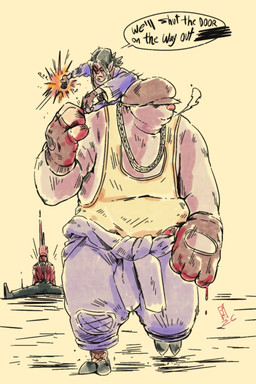 anthro bellhop belly blood bodily_fluids clothing duo fingerless_gloves fist_bump fur gesture gloves group gun handwear hat hat_over_eyes headgear headwear male musclegut muscular pink_nose ranged_weapon shirt shooting tank_top thick_arms topwear trio weapon white_body white_fur luckygoblynn deadlock_(game) valve doorman_(deadlock) krill_(deadlock) mo_(deadlock) eulipotyphlan haplorhine human mammal mole_(animal) monkey primate 2:3 hi_res
