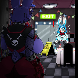 anthro big_breasts big_butt blood blood_on_hand bodily_fluids bone breasts butt claws clothing crossgender duo female green_body hair machine mtf_crossgender rabbit_ears scut_tail short_hair short_tail skull surprised tail text gallo_wazavi five_nights_at_freddy's five_nights_at_freddy's_2 scottgames toy_bonnie_(fnaf) withered_bonnie_(fnaf) animatronic lagomorph leporid mammal rabbit robot 1:1 english_text hi_res