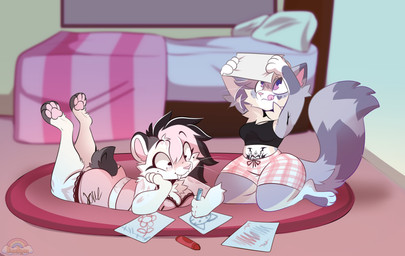 anthro bed bedroom black_clothing black_crop_top black_hair black_shirt black_topwear bottomwear clothing crop_top drawing drawing_(action) duo eyelashes fangs female fluffy fluffy_tail fur furniture grey_body grey_fur hair holding_object inside kneeling long_eyelashes lying neck_tuft on_front on_ground pawpads pink_bottomwear pink_clothing pink_crop_top pink_eyes pink_hair pink_pawpads pink_shirt pink_shorts pink_topwear round_ears sabertooth_(anatomy) shirt short_hair shorts tail tan_body tan_fur teeth tongue tongue_out topwear tuft womb_tattoo rose_puppies felid mammal prehistoric_species procyonid raccoon saber-toothed_tiger absurd_res hi_res