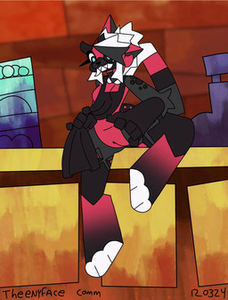 anthro apron beverage black_body cafe clothing detailed_background fangs female freckles genitals hair ice leg_swinging red_body short_hair sitting solo tail teeth vulva theenyface shi_(oolongmatchatea) demon animated loop