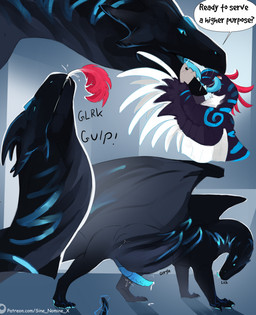 abdominal_bulge blue_eyes blue_penis bodily_fluids duo erection feathers feral genital_fluids genitals knot knotted_penis larger_pred male male/male male_pred membrane_(anatomy) membranous_wings motion_lines nude open_mouth penis precum rumbling_stomach saliva simple_background size_difference sound_effects standing talking_to_another teeth text tongue tongue_out vore wings sine_nomine_x mythology dinosaur dragon dromaeosaurid mythological_creature mythological_scalie prehistoric_species reptile saurischian scalie theropod colored comic digital_drawing_(artwork) digital_media_(artwork) english_text hi_res shaded url
